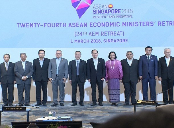 ASEAN economic ministers pose for a picture at the 24th AEM Retreat (Photo: VNA)