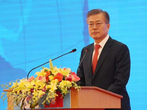 Tổng thống Hàn Quốc Moon Jae-in phát biểu tại Lễ động thổ xây dựng Viện Khoa học Công nghệ Việt Nam-Hàn Quốc. (Ảnh: Dương Giang/TTXVN)