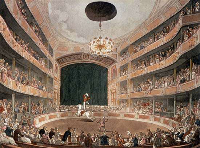 Sân khấu xiếc của Philip Astley, bản vẽ khắc của A.C. Pugin và Thomas Rowlandson; được xuất bản lần đầu tiên trong tạp chí The Microcosm of London, năm 1808. 
