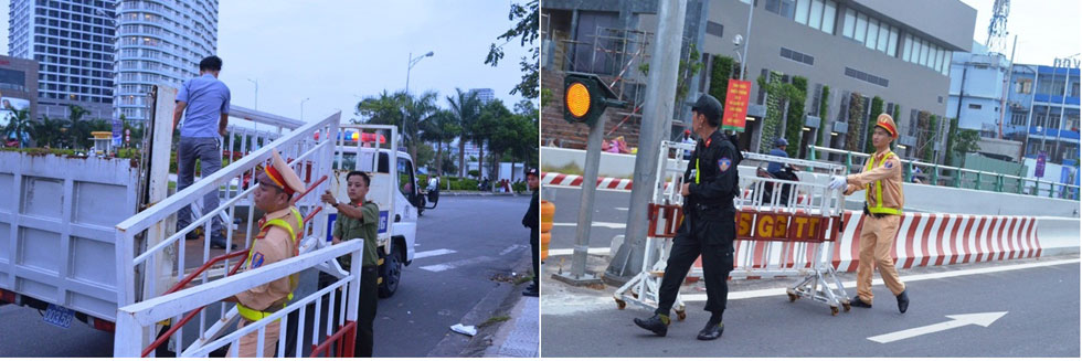 Cảnh sát giao thông Sơn Trà đem rào chắn để thực hiện công việc rào, chắn đường. ẢNH NGỌC PHÚ