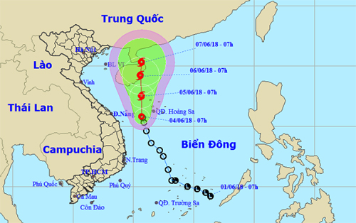 A map detailing the expected journey of the tropical depression from 4 to 7 June