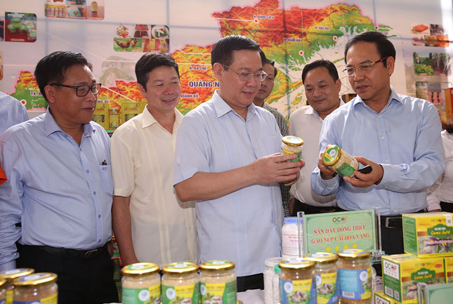 Phó Thủ tướng Vương Đình Huệ (thứ 3, trái qua) thăm quan trưng bày các sản phẩm OCOP. Ảnh: VGP
