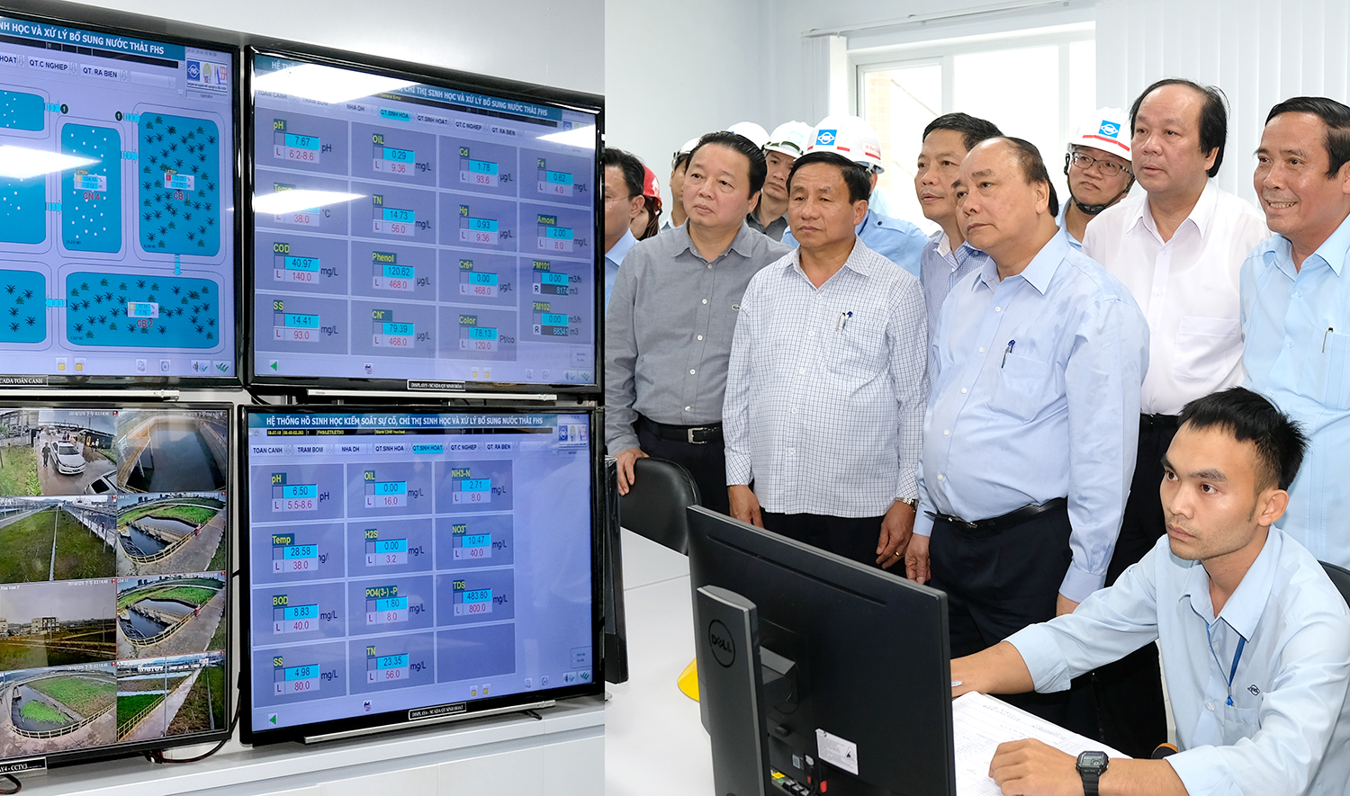 Thủ tướng kiểm tra Phòng điều hành quản lý sinh trắc học và xử lý hồ nước thải tại KCN Formosa. - Ảnh: VGP