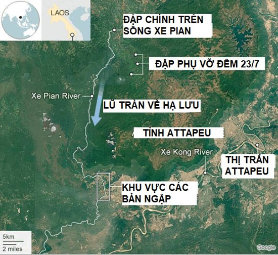 Vị trí đập phụ (số 1) bị vỡ vào đêm 23-7, thuộc dự án thủy điện Xepian-Xe Nam Noy.   Đồ họa: BBC