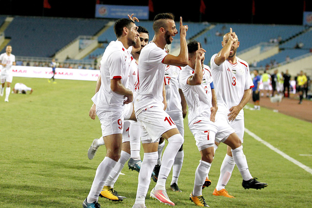 Cầu thủ Palestine ăn mừng bàn thắng mở tỷ số - Ảnh: Gia Hưng