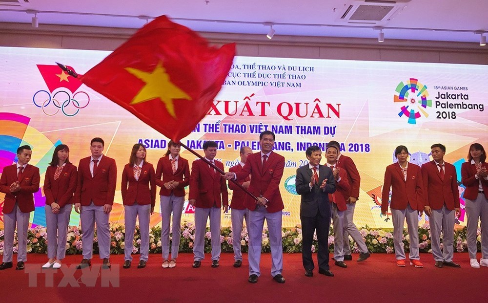 Tối 9/8, Lễ xuất quân Đoàn thể thao Việt Nam tham dự Đại hội thể thao châu Á 2018 (ASIAD 2018) đã diễn ra tại Hà Nội. (Ảnh: Trọng Đạt/TTXVN)