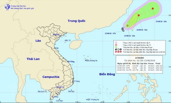 Bản đồ đường đi của áp thấp nhiệt đới khu vực Đông Bắc Biển Đông. (Ảnh: TTXVN phát)