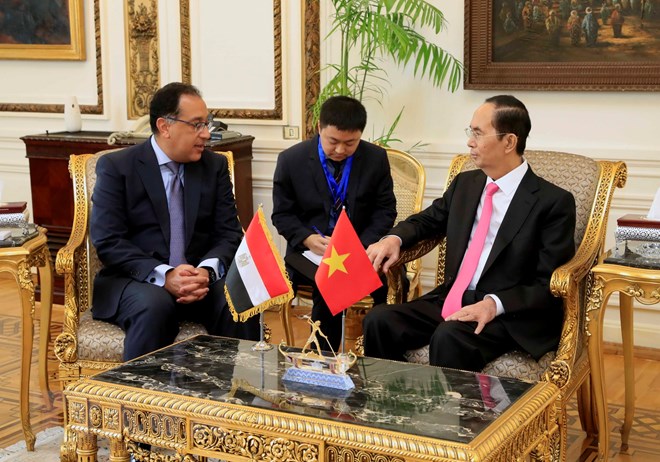 Chủ tịch nước Trần Đại Quang hội kiến Thủ tướng Ai Cập Mostafa Madbouly. (Ảnh; Nhan Sáng/TTXVN)