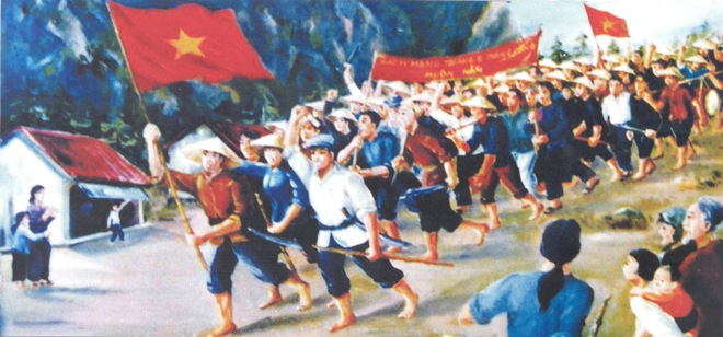  Nhân dân Quảng Nam xuống đường  đấu tranh năm 1945 (Tranh vẽ).