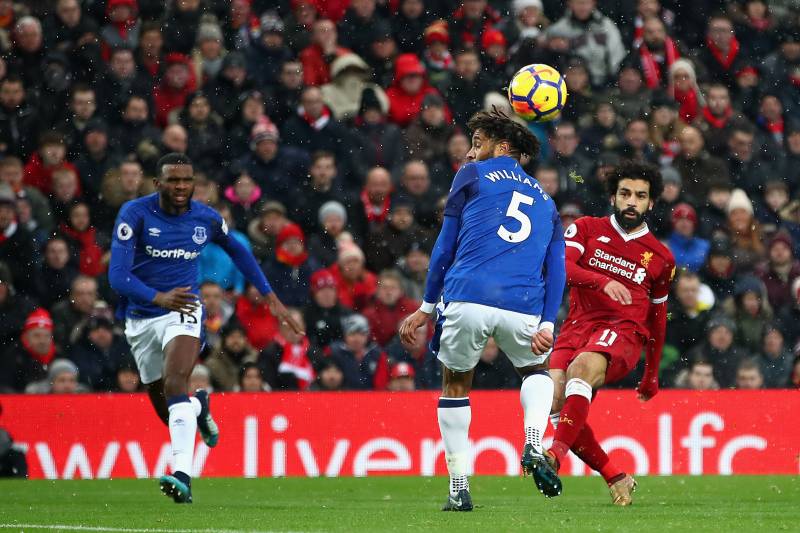 Salah ghi bàn thắng đẹp ngay trong trận derby vùng Merseyside đầu tiên cầu thủ này tham gia. Ảnh: DM