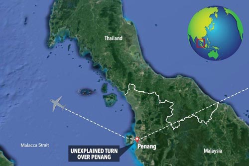 Lộ trình cuối cùng được tái hiện của chuyến bay mất tích MH370 tháng 3/2014. Đồ họa: Sun.