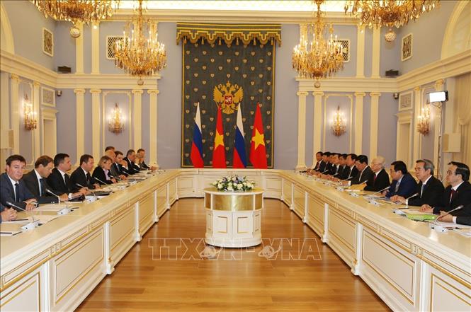 Tổng Bí thư Nguyễn Phú Trọng hội kiến với Thủ tướng Liên bang Nga D. Medvedev. Ảnh: TTXVN
