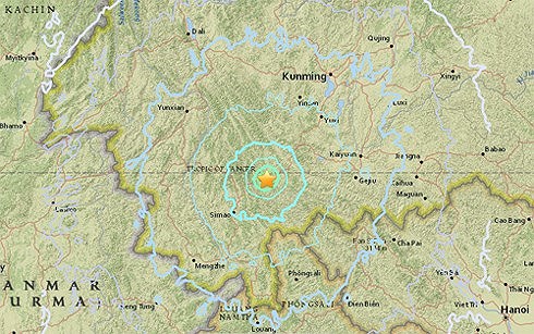Tâm chấn động đất. (Ảnh: USGS) Đây là trận động đất thứ ba ở Tây Nam Trung Quốc trong vòng cưa đầy 1 tháng qua.