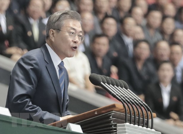 Tổng thống Hàn Quốc Moon Jae-in phát biểu tại đại hội thể thao ở Sân vận động May Day ở Bình Nhưỡng ngày 19/9. (Nguồn: YONHAP/TTXVN)
