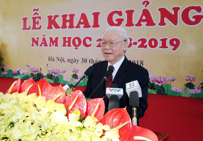 Tổng Bí thư Nguyễn Phú Trọng phát biểu tại lễ khai giảng năm học 2018 - 2019 của Học viện Nông nghiệp Việt Nam.    	     Ảnh:  TTXVN