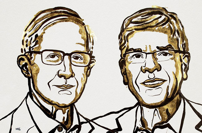 GS. William Nordhaus (trái) và GS. Paul Romer. 	Ảnh: Nobel Prize