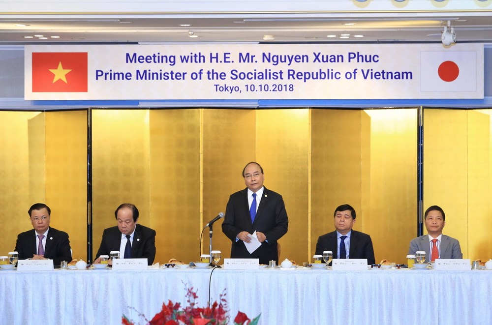 Thủ tướng Nguyễn Xuân Phúc phát biểu tại buổi làm việc với một số tập đoàn của Nhật Bản. (Ảnh: Thống Nhất/TTXVN) 