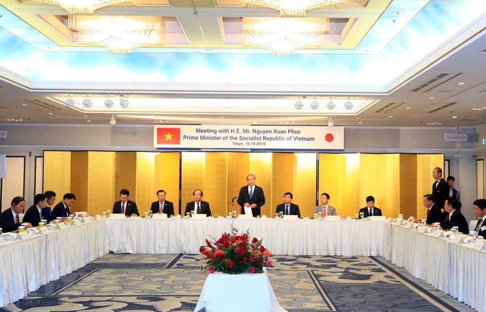 Thủ tướng Nguyễn Xuân Phúc phát biểu tại buổi làm việc với một số tập đoàn của Nhật Bản. (Ảnh: Thống Nhất/TTXVN)
