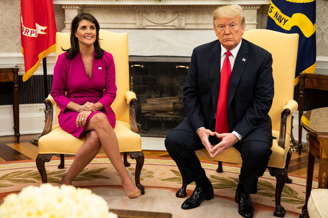 Từ khi được bổ nhiệm làm Đại sứ Mỹ tại Liên Hợp Quốc, bà Nikki Haley hầu như ủng hộ toàn bộ chủ trương, quan điểm của Tổng thống Donald Trump.  Ảnh: New York Times