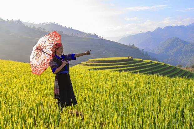 Posing for photo at a rice paddy field