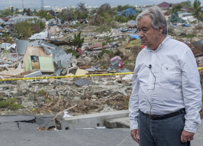 UN Secretary General António Guterres pauses during his visit at the earthquake-devastated neighbourhood of Balaroa in Palu city. (Source: AP)