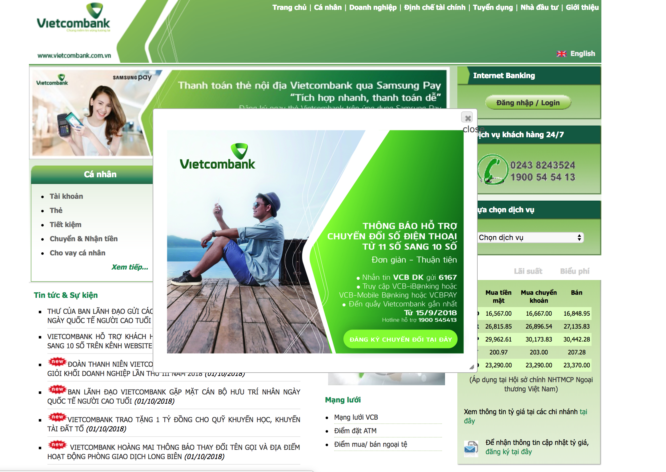 Thông báo hỗ trợ chuyển đổi số điện thoại của Vietcombank hiện ra khi người dùng mở trang web của ngân hàng này.