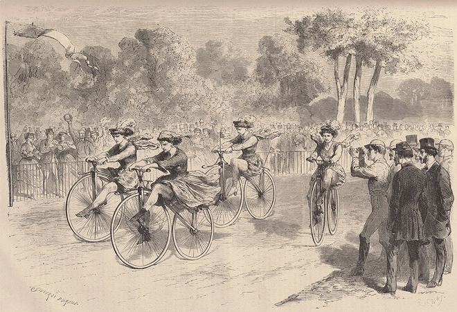 Tranh minh họa trên tờ Le Monde mô tả cuộc đua xe đạp đầu tiên của phụ nữ tại Parc Bordelais, Bordeaux, Pháp.