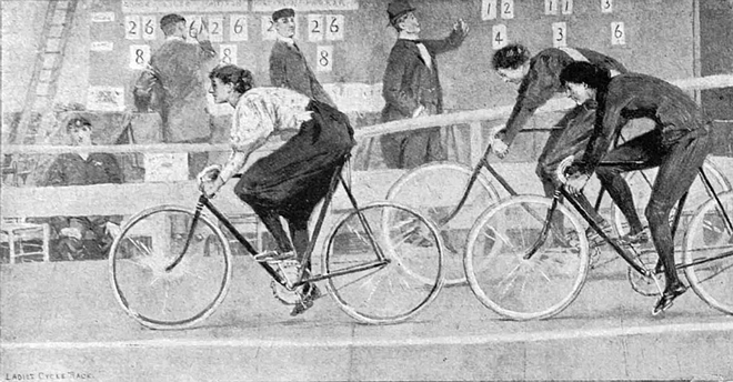 Một bản vẽ mô tả cuộc đua xe đạp của phụ nữ tại Royal Aquarium, London (Anh).