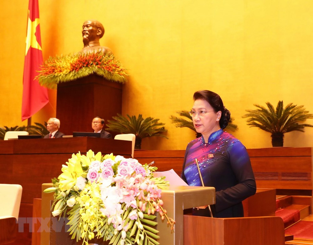 Chủ tịch Quốc hội Nguyễn Thị Kim Ngân phát biểu khai mạc Kỳ họp thứ sáu, Quốc hội khóa XIV. (Ảnh: Thống Nhất/TTXVN)