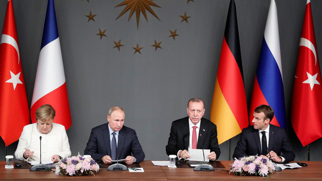 Thủ tướng Đức Angela Merkel, Tổng thống Nga Vladimir Putin, Tổng thống Thổ Nhĩ Kỳ Recep Tayyip Erdogan và Tổng thống Pháp Emmanuel Macron (Ảnh: Reuters)