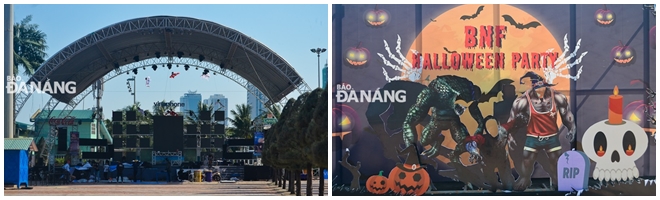 Một sân khấu phục vụ lễ hội Halloween cùng tiểu cảnh phục vụ chụp ảnh được dựng lên tại công viên Biển Đông.