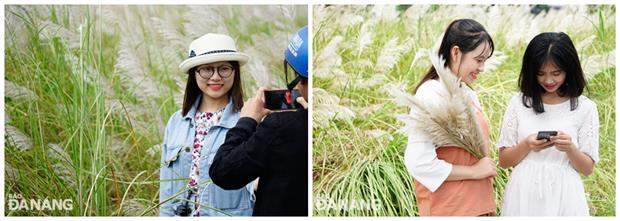 Young people posing for souvenir photos with the reeds.