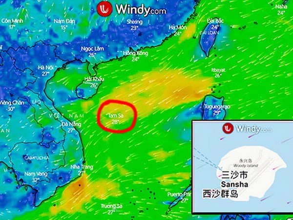 Ứng dụng thời tiết Windy chú thích sai địa danh. (Nguồn: baokhanhhoa.vn)