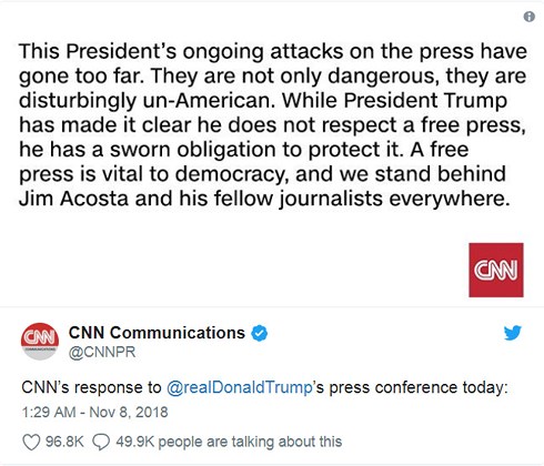 Tuyên bố của CNN trên Twitter sau buổi họp báo của ông Trump ngày 7/11. Ảnh: Chụp màn hình