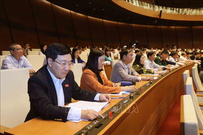 Đoàn đại biểu Quốc hội tỉnh Cao Bằng biểu quyết thông qua Nghị quyết điều chỉnh kế hoạch đầu tư công trung hạn giai đoạn 2016-2020. Ảnh: Phương Hoa/TTXVN