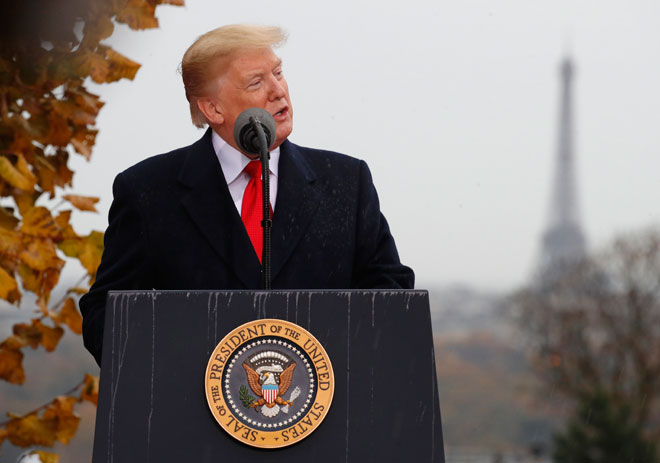 Tổng thống Mỹ Donald Trump phát biểu tại thủ đô Paris, Pháp. Ảnh: AP