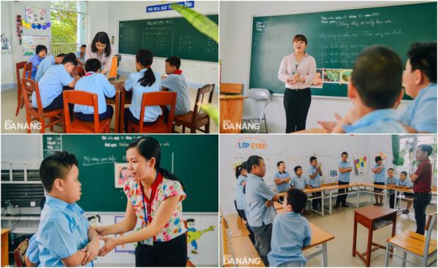 The school teachers said they were very happy at seeing their pupils writing first letters, putting spoons with rice into their mouths, and distinguishing colours by themselves.