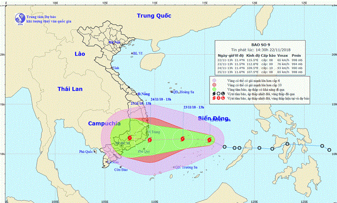 Vị trí và đường đi của bão. (Nguồn: Trung tâm Dự báo Khí tượng Thủy văn Quốc gia)