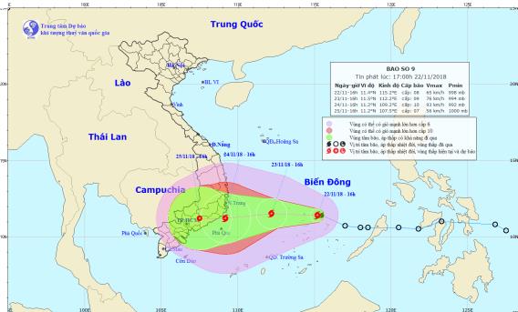 Vị trí và đường đi của bão số 9. Ảnh: KTVN