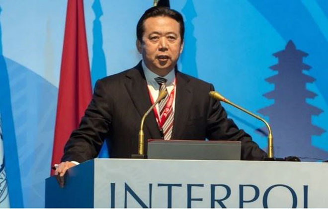 Ông Mạnh Hoành Vĩ khi còn giữ chức Chủ tịch Interpol. (Ảnh: Scmp.com)
