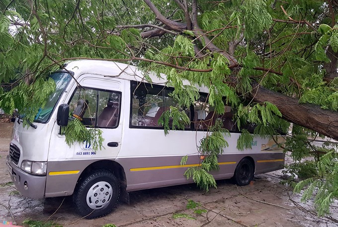 A bus was broken by a falling tree in Cần Giờ district. — Photo news.zing.vn Read more at http://vietnamnews.vn/society/480782/storm-number-9-weakens-into-tropical-depression.html#puHErVeAwmtDUrBw.99