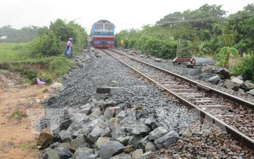 A train runs on the repaired railway line in Ninh Thuan Province after it was damaged by Storm Usagi. — VNA/VNS Photo Nguyen Thanh 