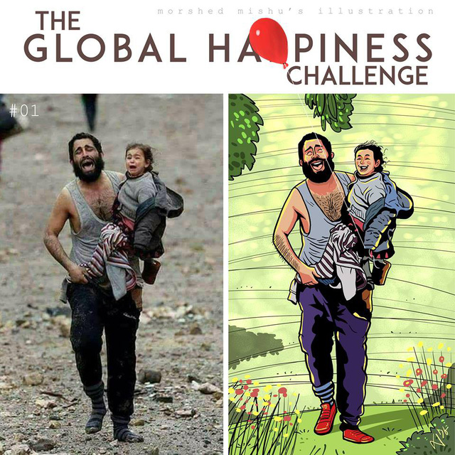 Bức ảnh hai cha con hoảng loạn trong cuộc chiến được Mishu tái hiện lại với nụ cười đầy hạnh phúc trên gương mặt của hai cha con