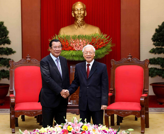 Tổng Bí thư, Chủ tịch nước Nguyễn Phú Trọng tiếp Thủ tướng Chính phủ Hoàng gia Campuchia Samdech Techo Hun Sen. Ảnh: TTXVN