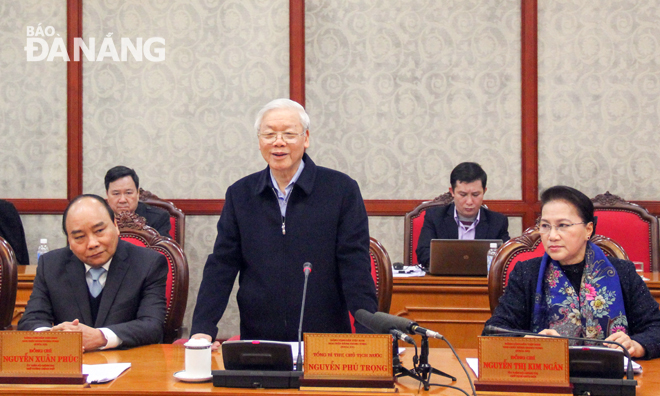Party General Secretary and President Nguyen Phu Trong addressing the meeting (Photo: DNO)