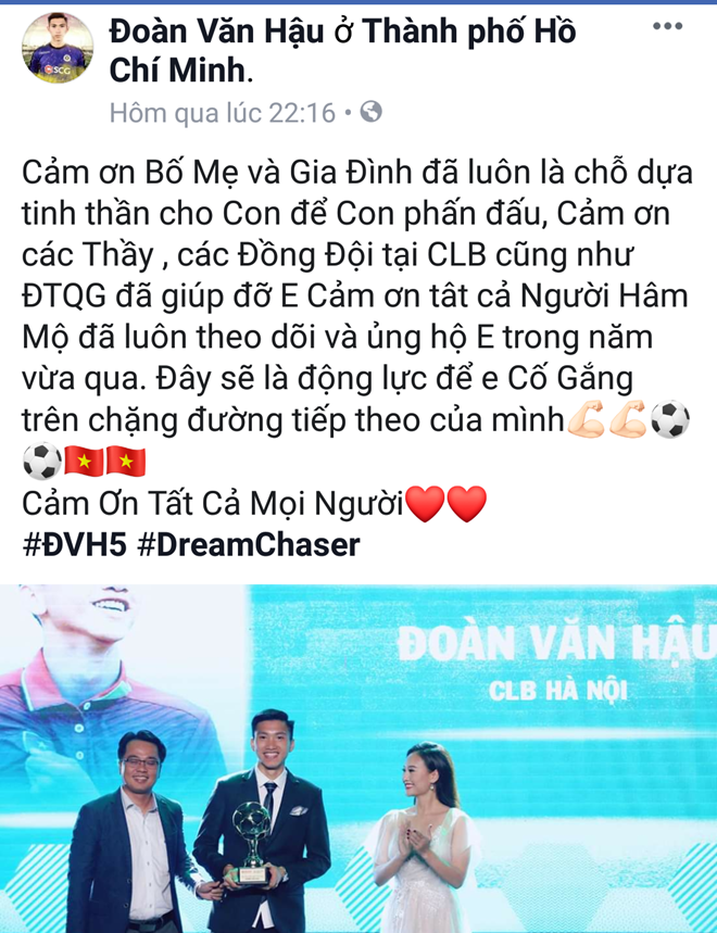 Đoàn Văn Hậu chia sẻ trên trang facebook cá nhân.