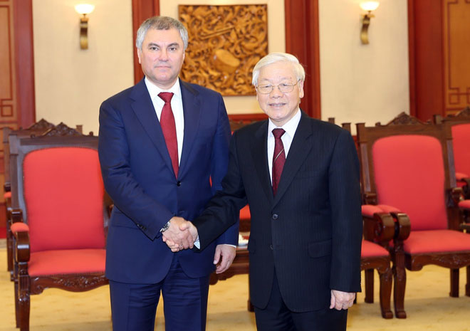 Tổng Bí thư, Chủ tịch nước Nguyễn Phú Trọng và Chủ tịch Duma Quốc gia Nga V. Volodin. Ảnh: TTXVN