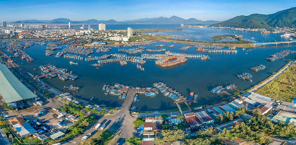 A panoramic view of the fishing wharf from above.