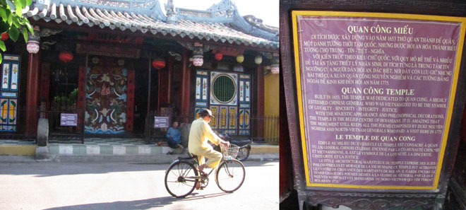 Chùa Ông (ảnh trái) và bảng giới thiệu tóm tắt bên trong chùa. Ảnh: Thái Mỹ