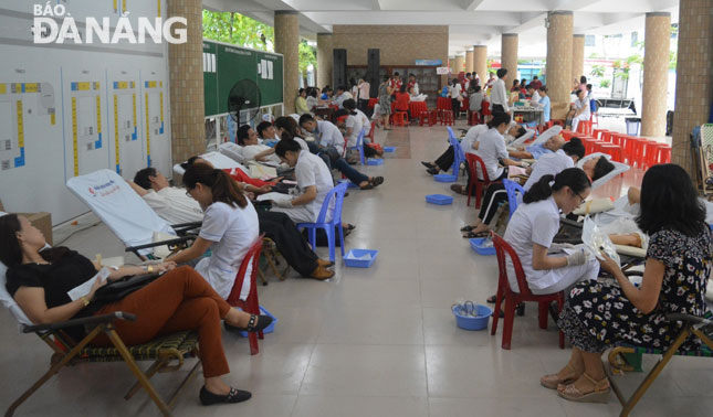 Blood donors at a voluntary blood donation campaign launched by the municipal Labour Federation.